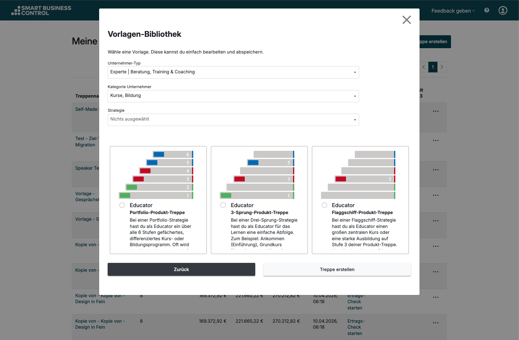 Screenshot des Tools Smart Business Control: Beispiel-Treppen