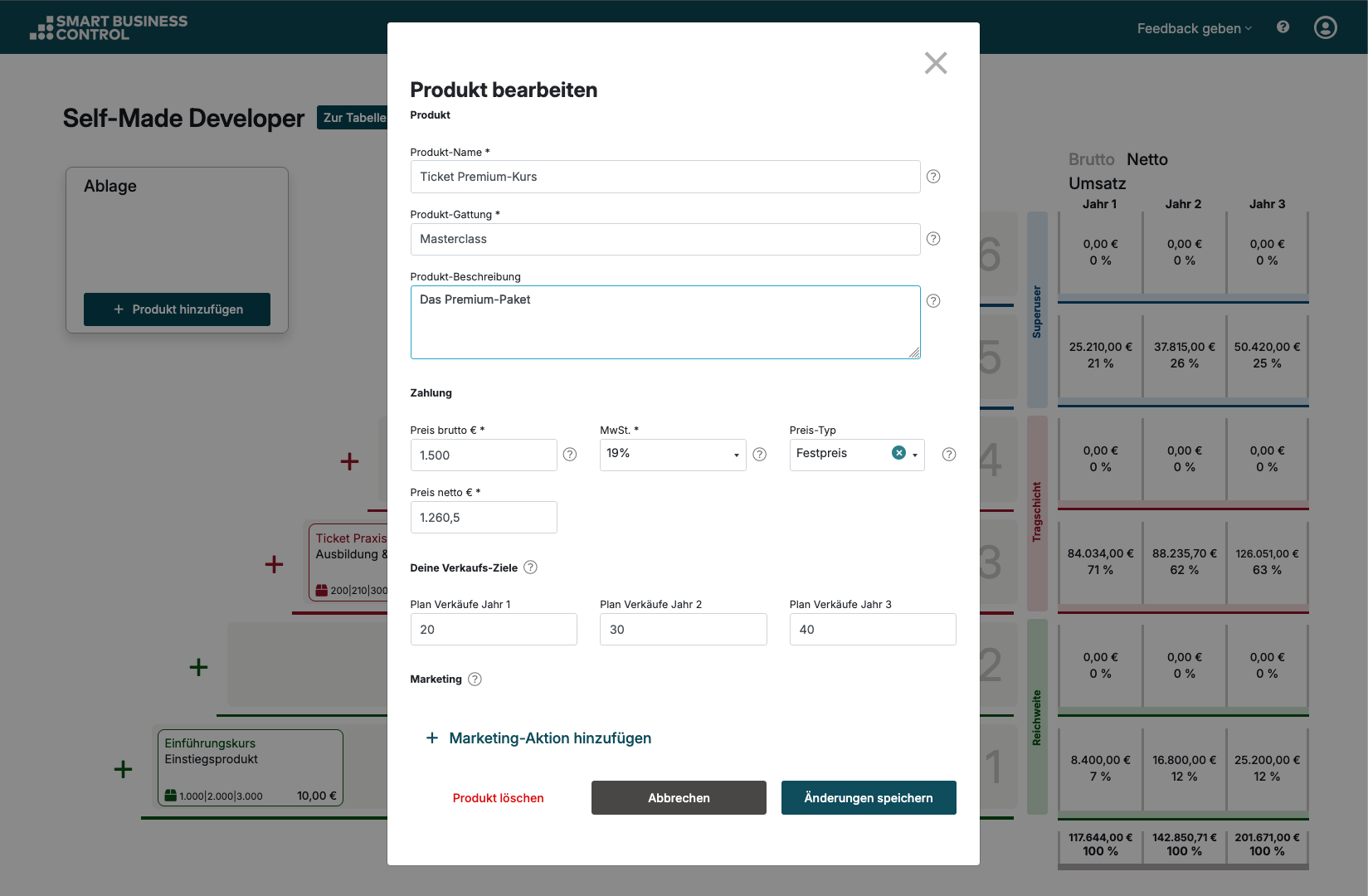 Screenshot des Tools Smart Business Control: Produkt bearbeiten