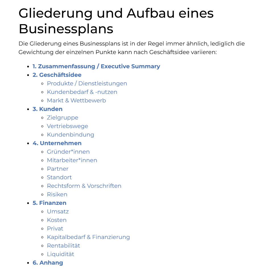 Gliederung und Aufbau eines Businessplans