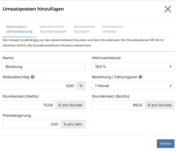 Screenshot: Umsatzposten hinzufügen