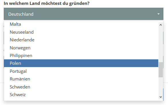 SmartBusinessPlan Screenshot Auswahl Gründungsland