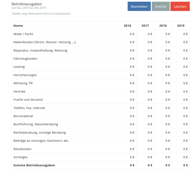 SmartBusinessPlan Screenshot Betriebsausgaben Tabelle