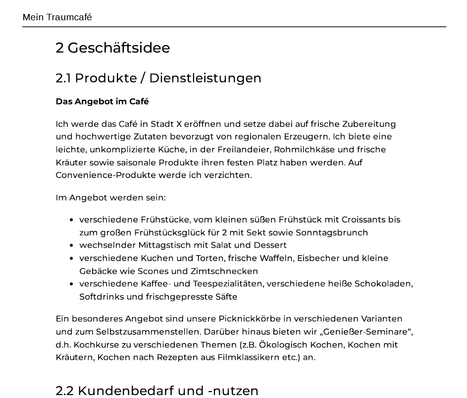 Ein Screenshot des Angebots im Businessplan