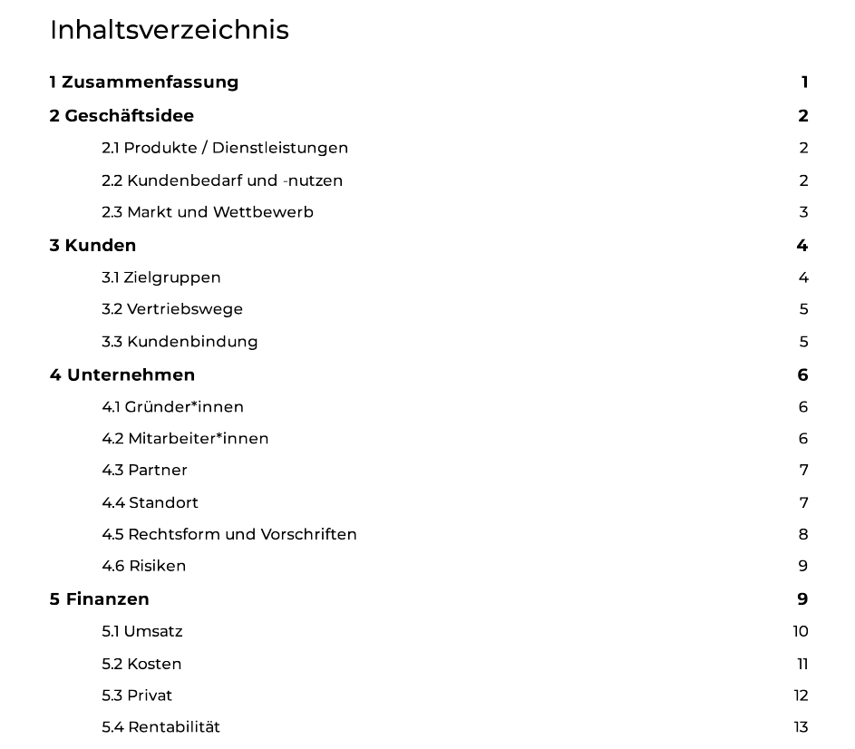 Ein Screenshot des Inhaltsverzeichnisses im Businessplan