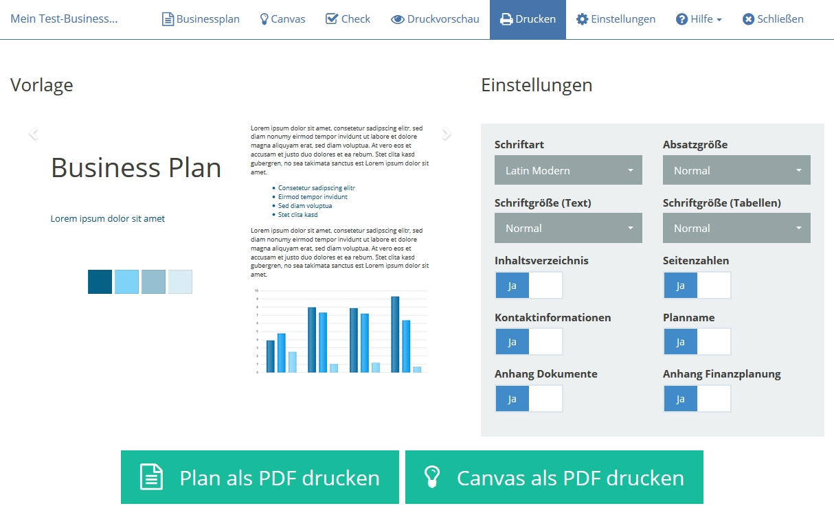 SmartBusinessPlan Screenshot Alle EInstellungen