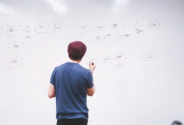 Programmierer zeichnet Programmablaufplan an Whiteboard
