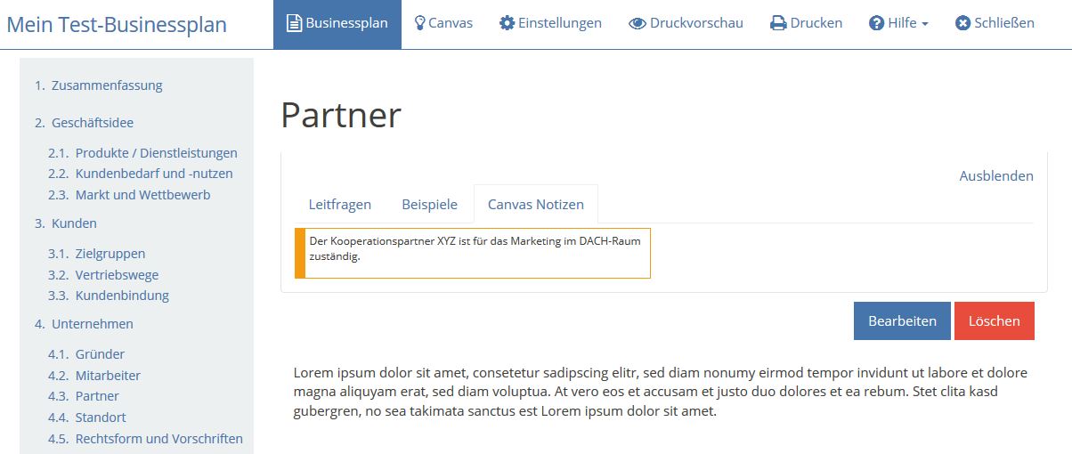 SmartBusinessPlan Screenshot Canvas Integration