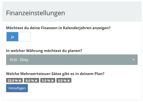 SmartBusinessPlan Screenshot FInanzeinstellungen