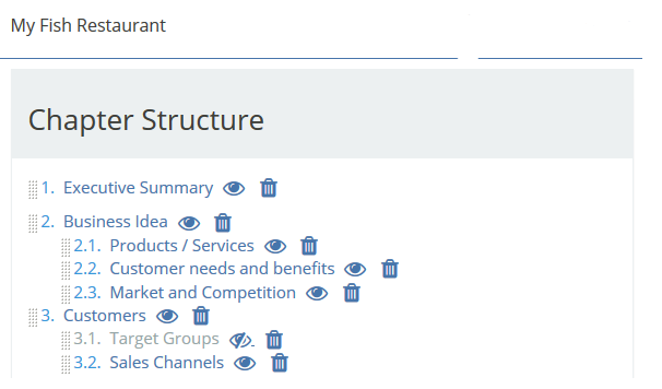 SmartBusinessPlan Screenshot Kapitelübersicht Englisch