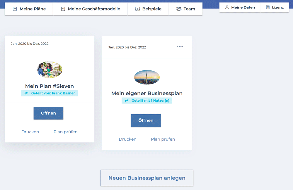 SmartBusinessPlan Screenshot Deine Pläne Menü