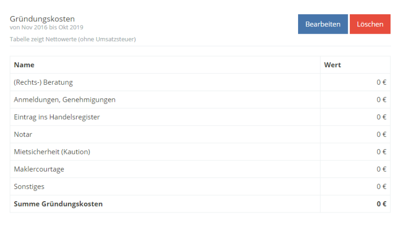 SmartBusinessPlan Screenshot Gründungskosten