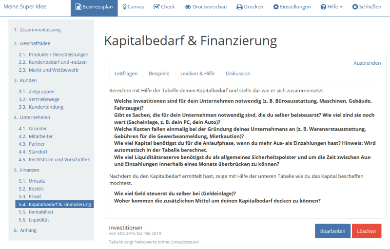 SmartBusinessPlan Screenshot Kapitalbedarf