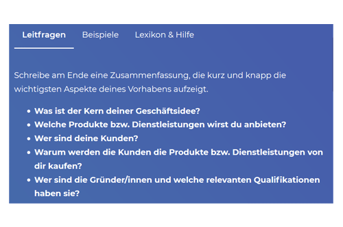 Screenshot SmartBusinessPlan Leitfragen