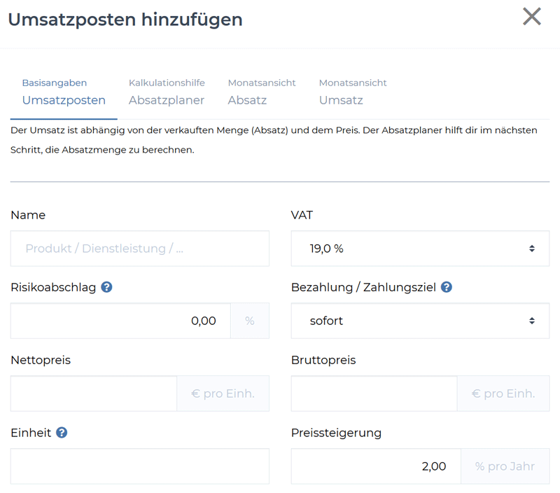 SmartBusinessPlan Screenshot Umsatzposten hinzufügen
