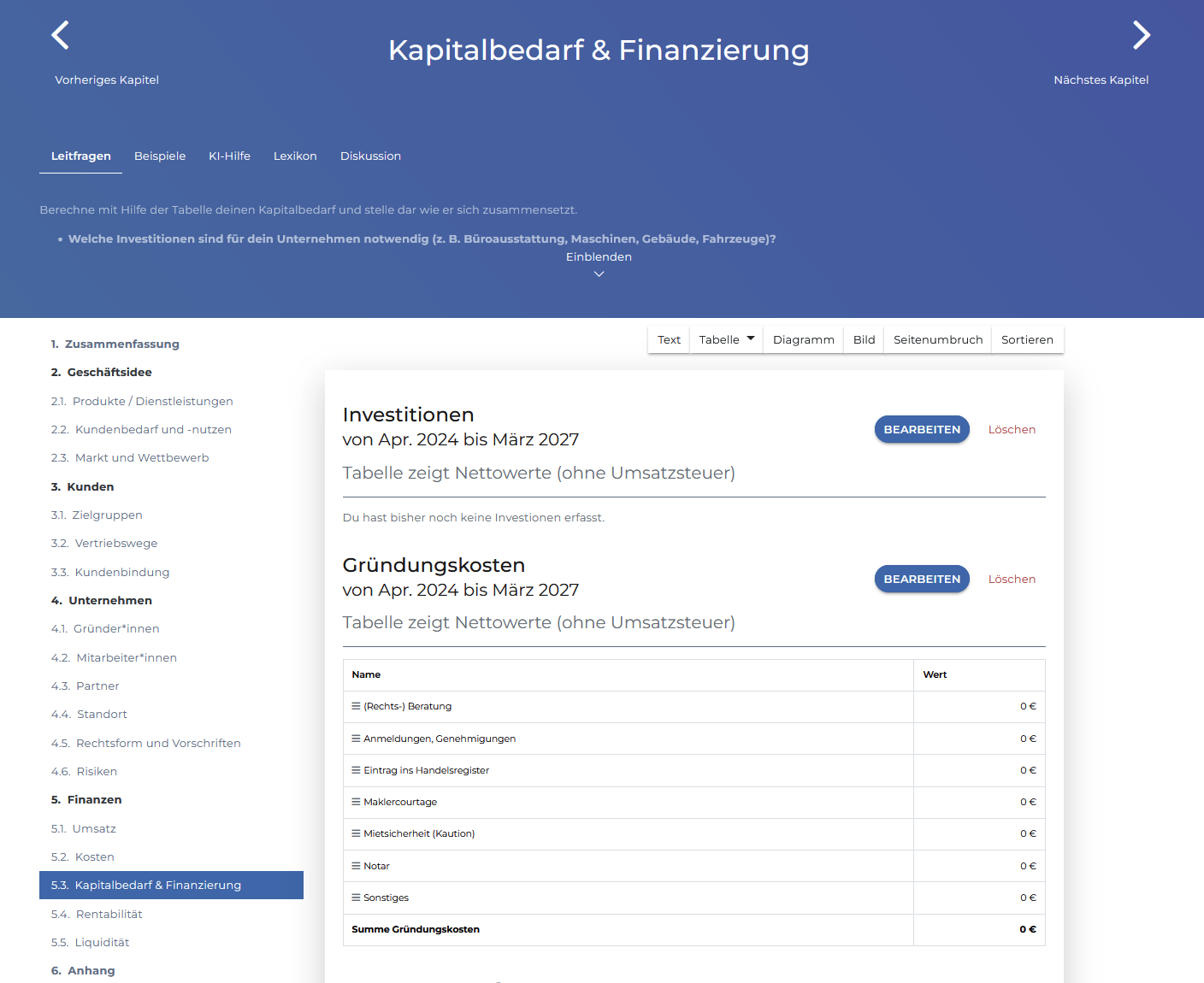 Screenshot: Kapitalbedarf & Finanzierung