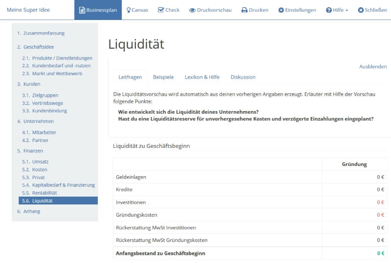 SmartBusinessPlan Screenshot Liquiditaetsplanung