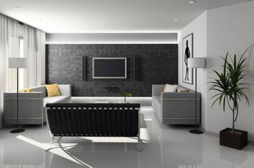 Modern eingerichtetes und tapeziertes Wohnzimmer