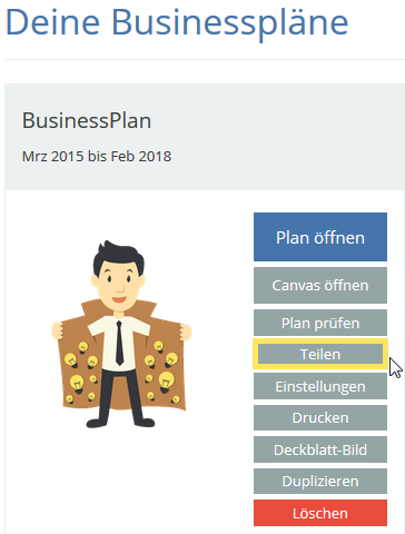 Screenshot Businessplan Optionen