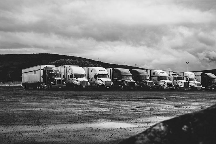 Mehrere LKW aufgereiht auf einem Schotter-Platz